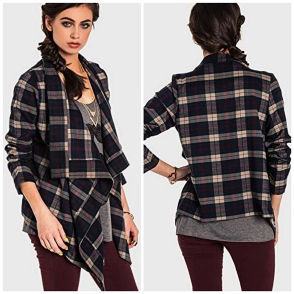 Lovers + Friends Days Like These Plaid Draped Open Front Jacket Small - Picture 1 of 12